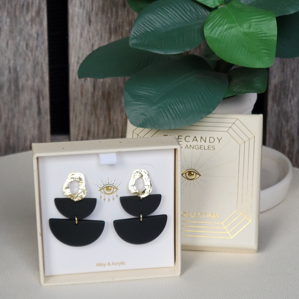 Eye Candy alloy & black acrylic semi circle dangle brass post back earrings - Picture 3 of 6